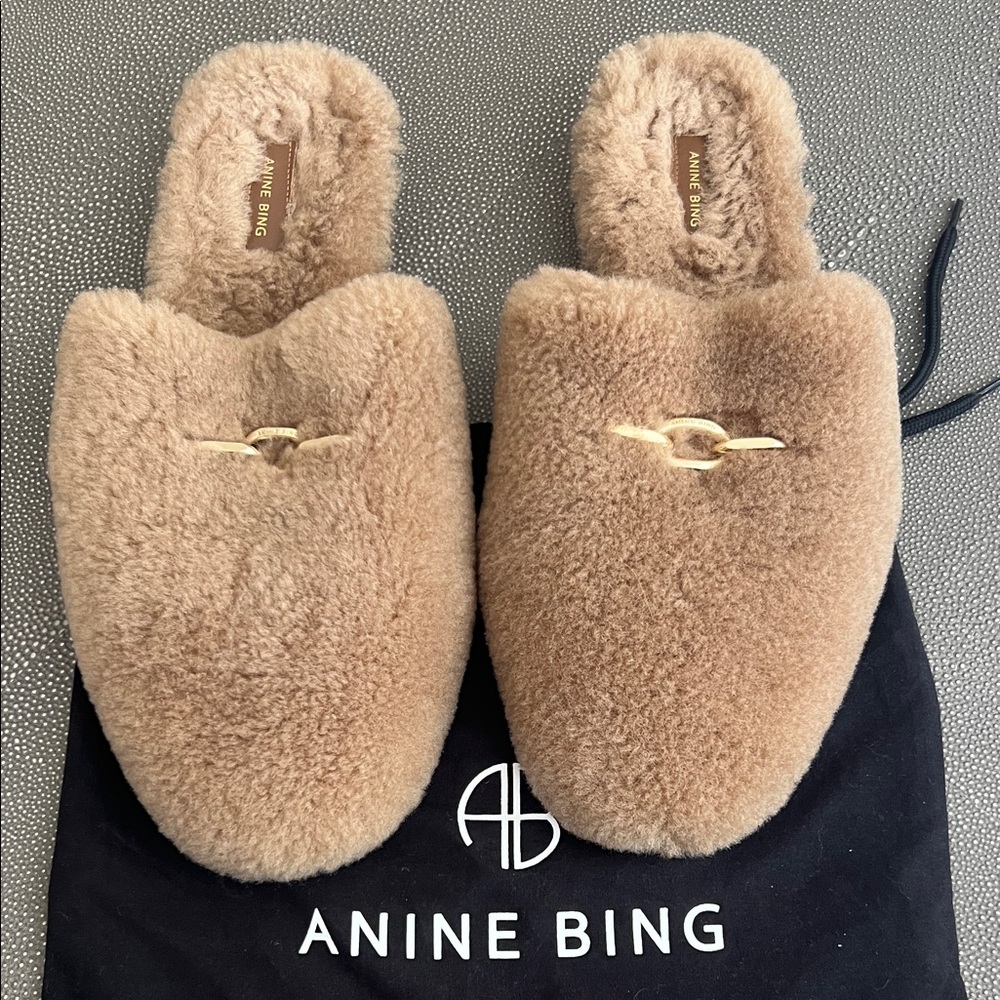 Anine Bing Beige Plush Slippers with Gold Detail